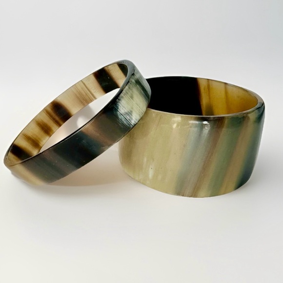 Jewelry - 2 Authentic Natural Horn Bangle Handcrafted Bracelets, Brown Beige Black, Set